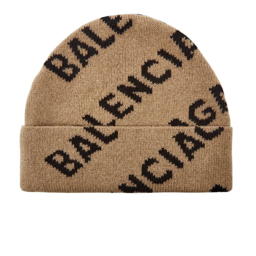 Balenciaga reversible beige and black logo unisex beanie black hat NWT